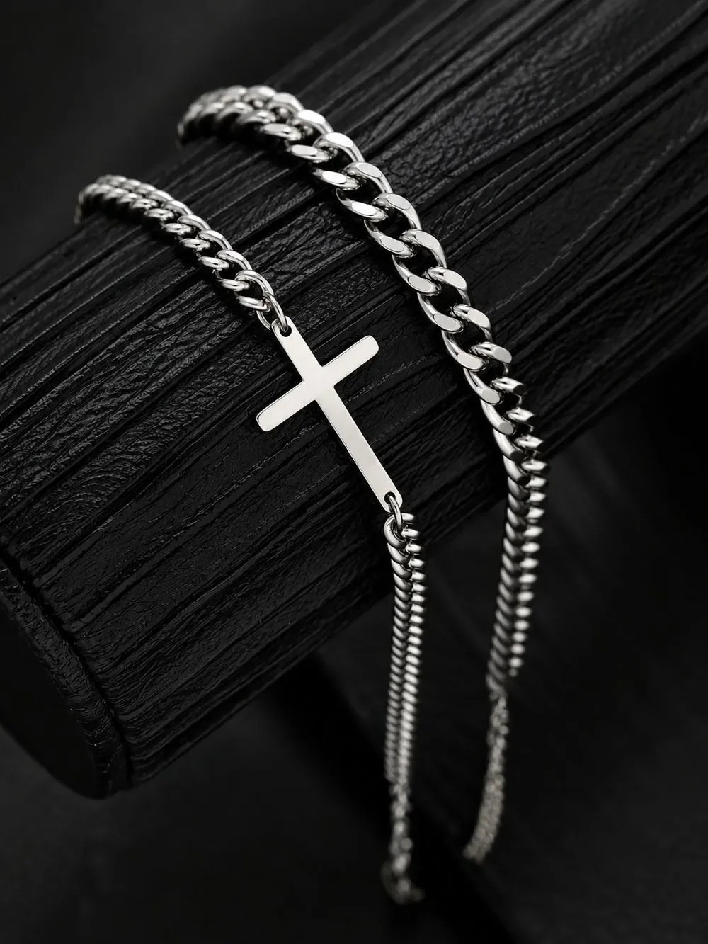 Silver Cross and Curb Chain Bracelet Set